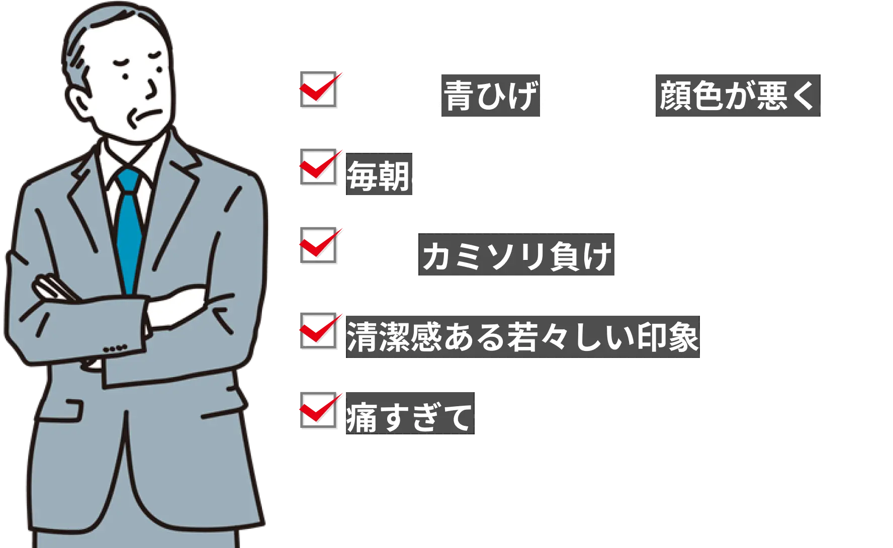 夕方には青ひげが目立つ｜毎朝のひげ剃りが面倒｜カミソリ負けしやすくなった｜清潔感ある若々しい印象を保ちたい｜痛すぎてサロン脱毛を諦めたことがある